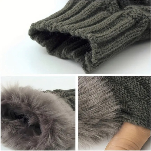 Black Short Plush Knit Gloves, Thick Warm Fingerless Gloves, Autumn - Picture 2 of 4